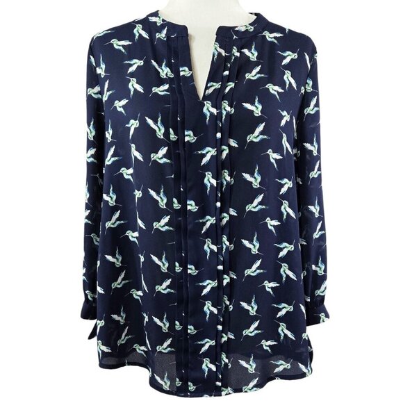 41 Hawthorn Melisa Navy Blue Hummingbird Novelty Print Tie Cuff Pleated Blouse - Picture 1 of 9